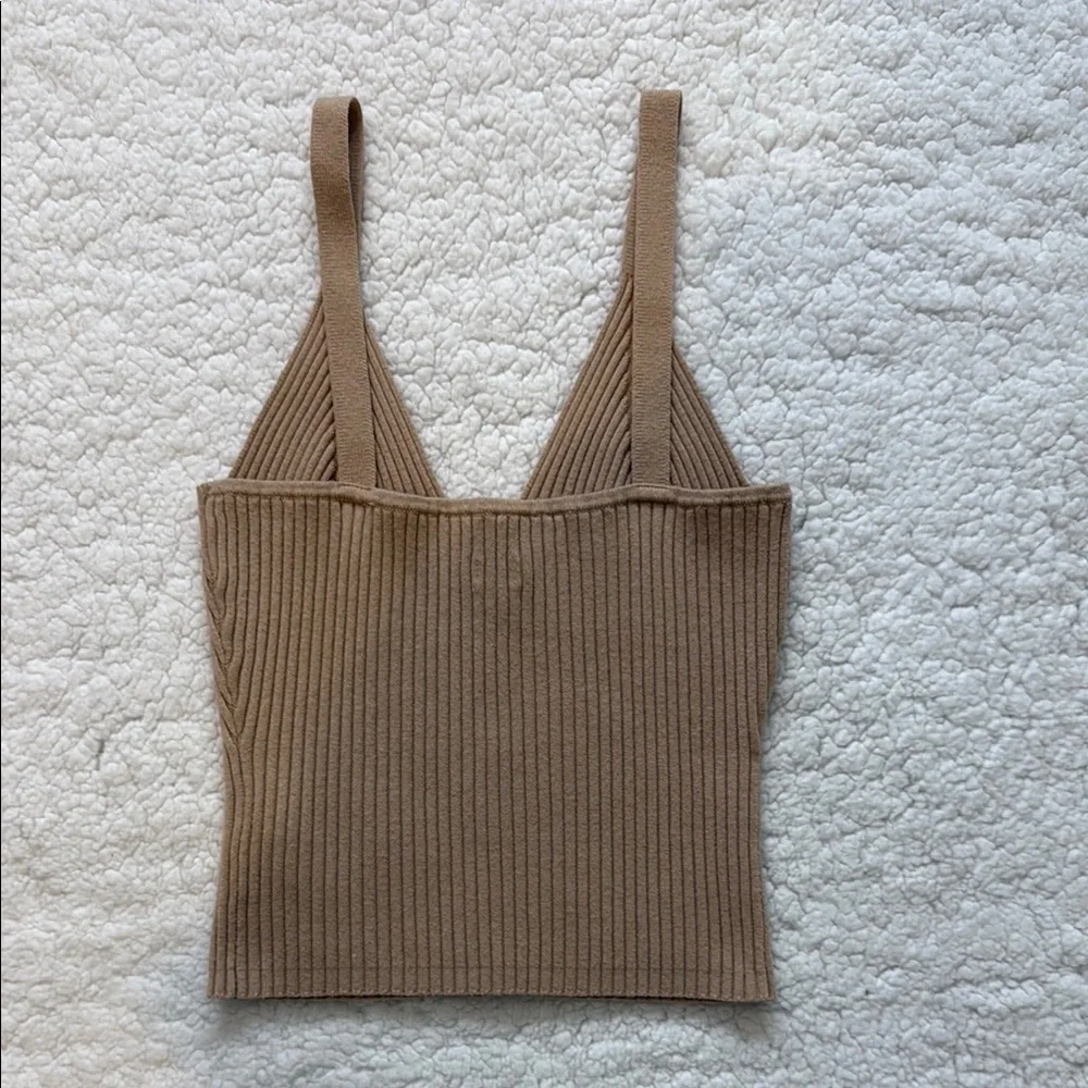 Tan Ribbed Button-Down Women's Top - Picture 2 of 5